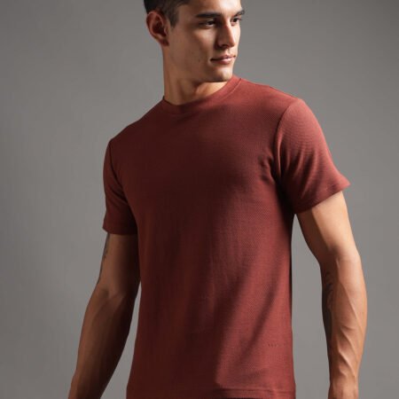 Honeycomb Waffle Textured Crew Neck - Rust (Deep Maroon) - Image 1