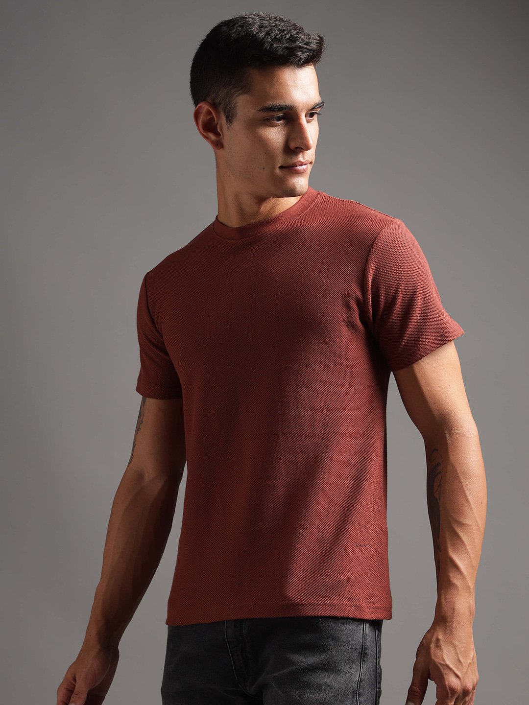 Honeycomb Waffle Textured Crew Neck - Rust (Deep Maroon) - Image 1