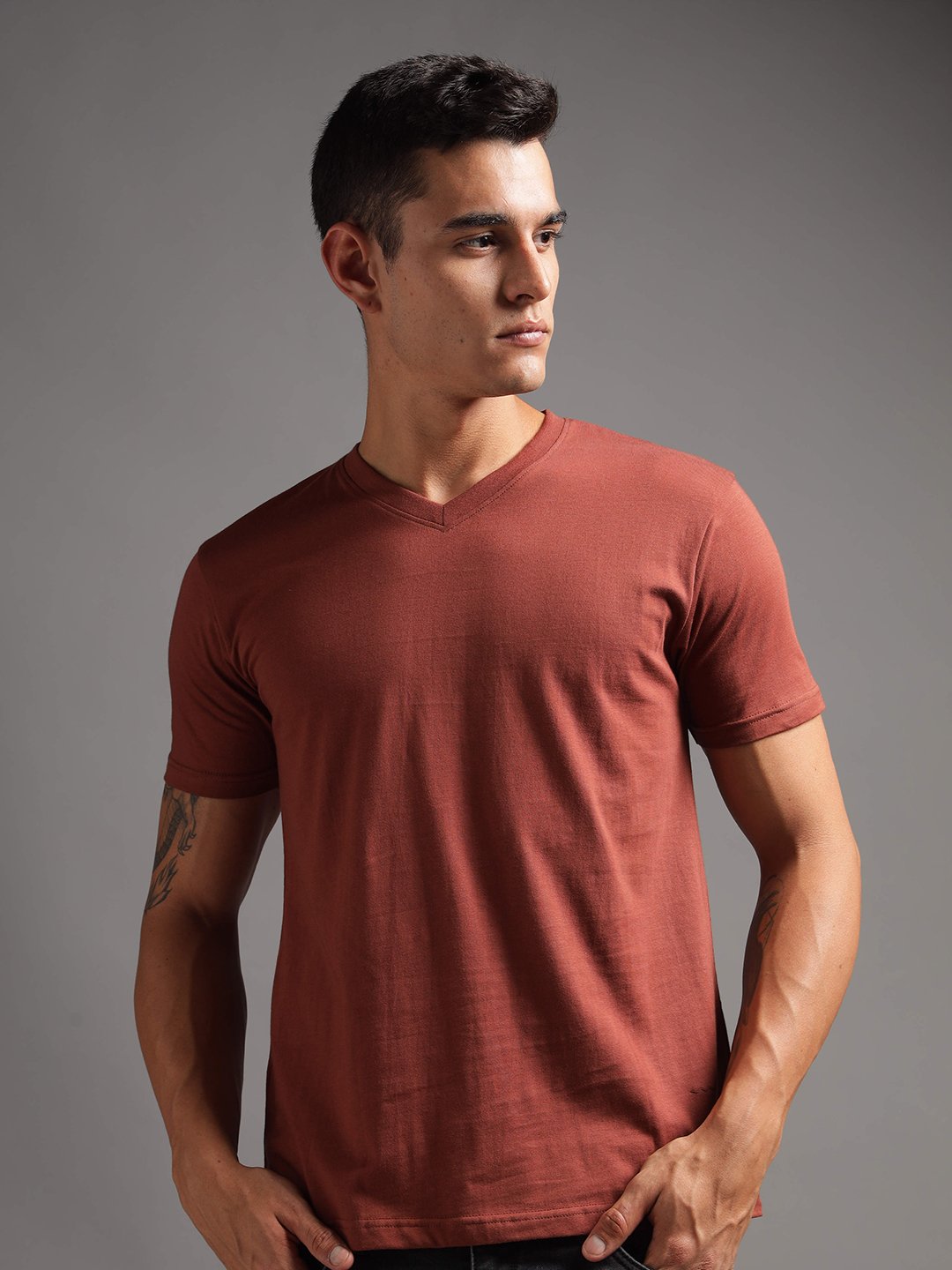 100% Pure Supima Cotton V Neck - Rust (Deep Maroon) - Image 1