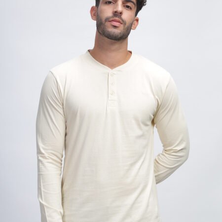 100% Pure Supima Cotton Henley Full Sleeve - Beach (Beige)