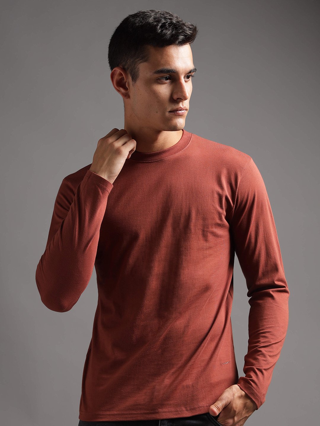 100% Pure Supima Cotton Crew Neck Full Sleeve - Rust (Deep Maroon) - Image 1