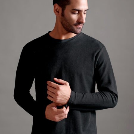 Honeycomb Waffle Textured Crew Neck Full Sleeve - Black