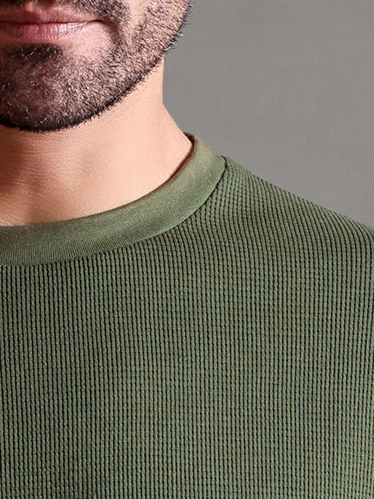 Waffle Textured Crew Neck - Olive Green