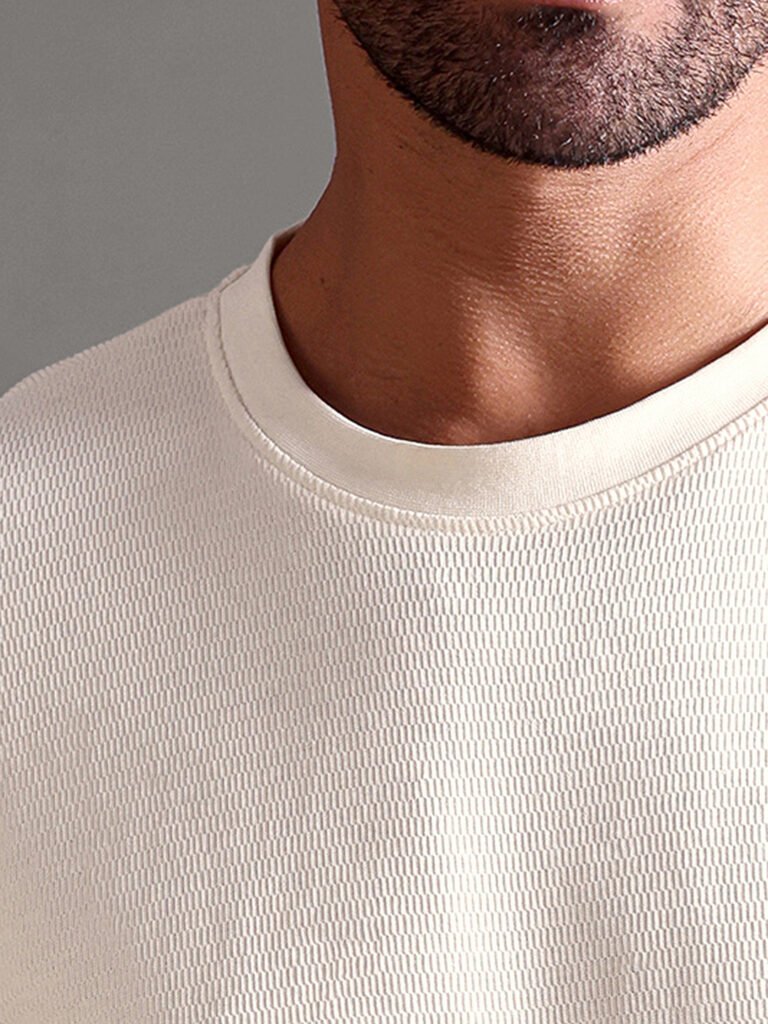 Eyelet Waffle Textured Crew Neck - Off White