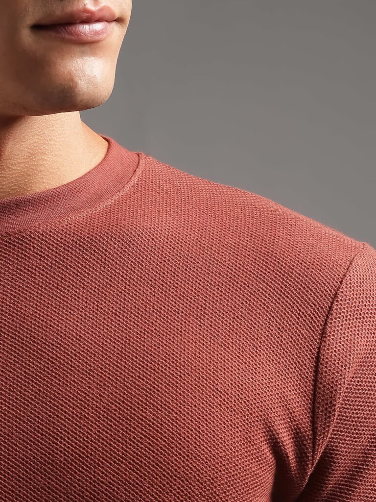 Honeycomb Waffle Textured Crew Neck - Rust (Deep Maroon)