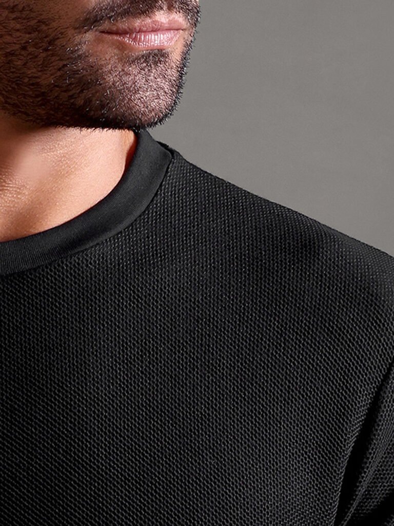 Honeycomb Waffle Textured Crew Neck Full Sleeve - Black