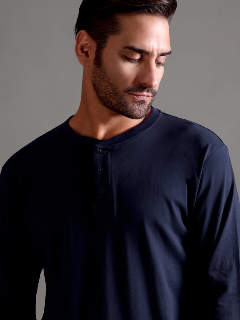 100% Pure Supima Cotton Henley Full Sleeve - Night Fall (Navy)