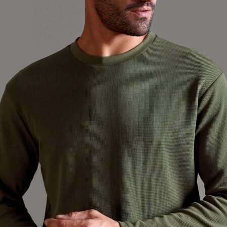 Waffle Textured Crew Neck Full Sleeve - Olive Green - Image 3