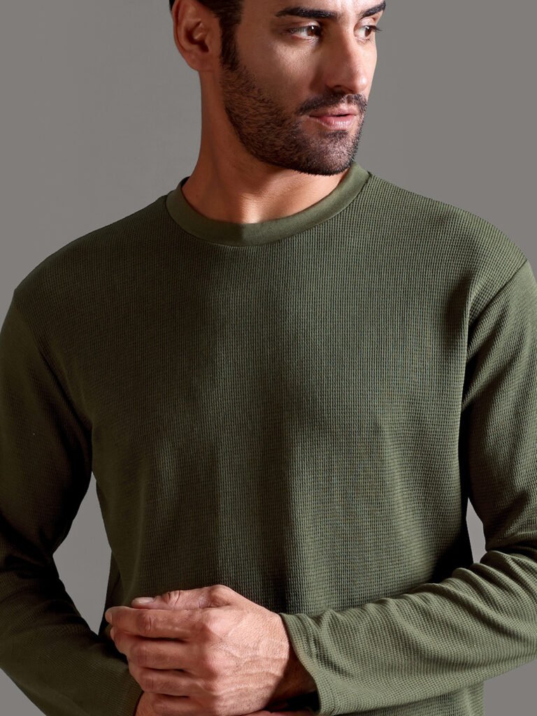 Waffle Textured Crew Neck Full Sleeve - Olive Green