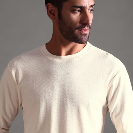 Eyelet Waffle Textured Crew Neck Full Sleeve - Off White - Image 3