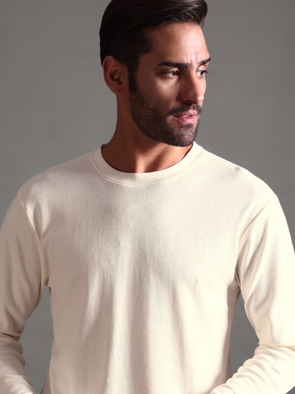 Eyelet Waffle Textured Crew Neck Full Sleeve - Off White