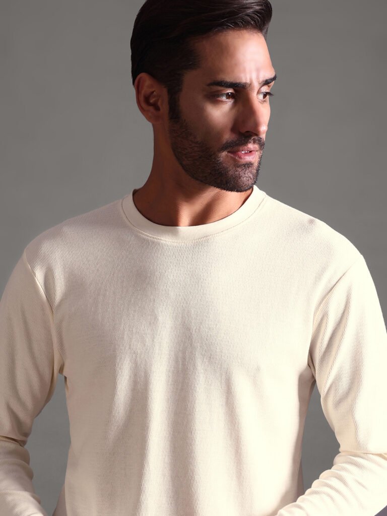 Eyelet Waffle Textured Crew Neck Full Sleeve - Off White