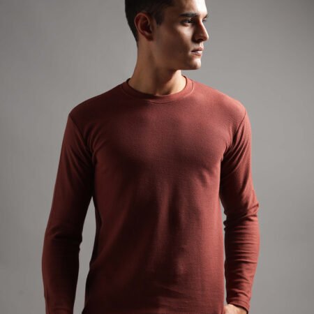 Honeycomb Waffle Textured Crew Neck Full Sleeve - Rust (Deep Maroon) - Image 3