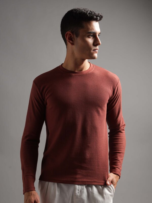 Honeycomb Waffle Textured Crew Neck Full Sleeve - Rust (Deep Maroon)