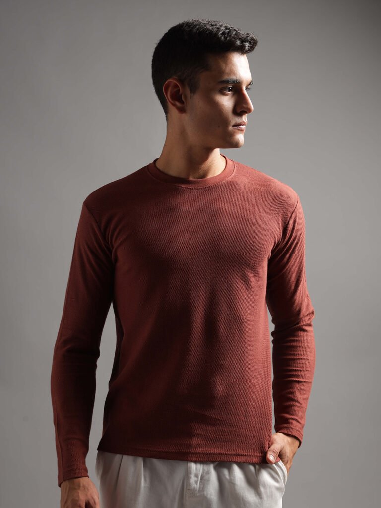 Honeycomb Waffle Textured Crew Neck Full Sleeve - Rust (Deep Maroon)