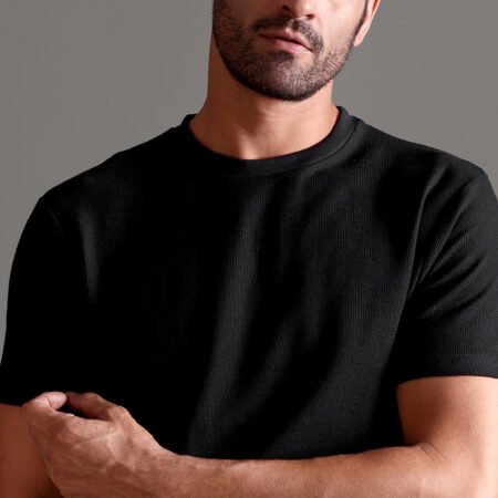 Honeycomb Waffle Textured Crew Neck - Black - Image 3