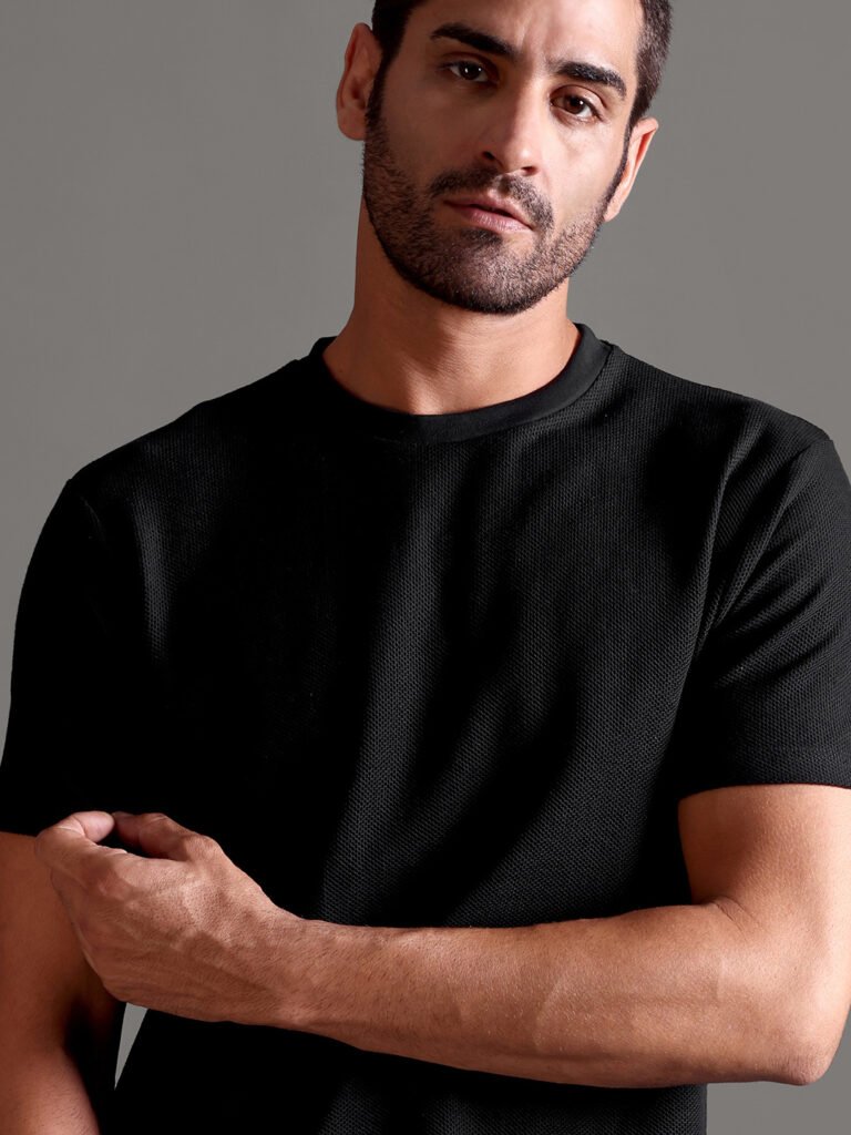 Honeycomb Waffle Textured Crew Neck - Black