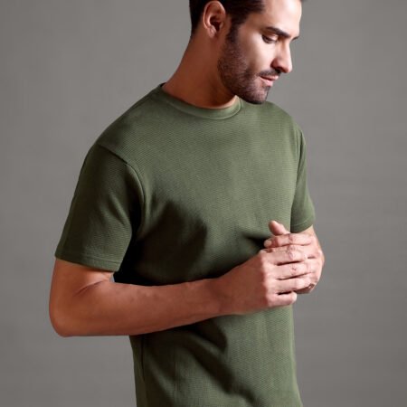 Waffle Textured Crew Neck - Olive Green - Image 3