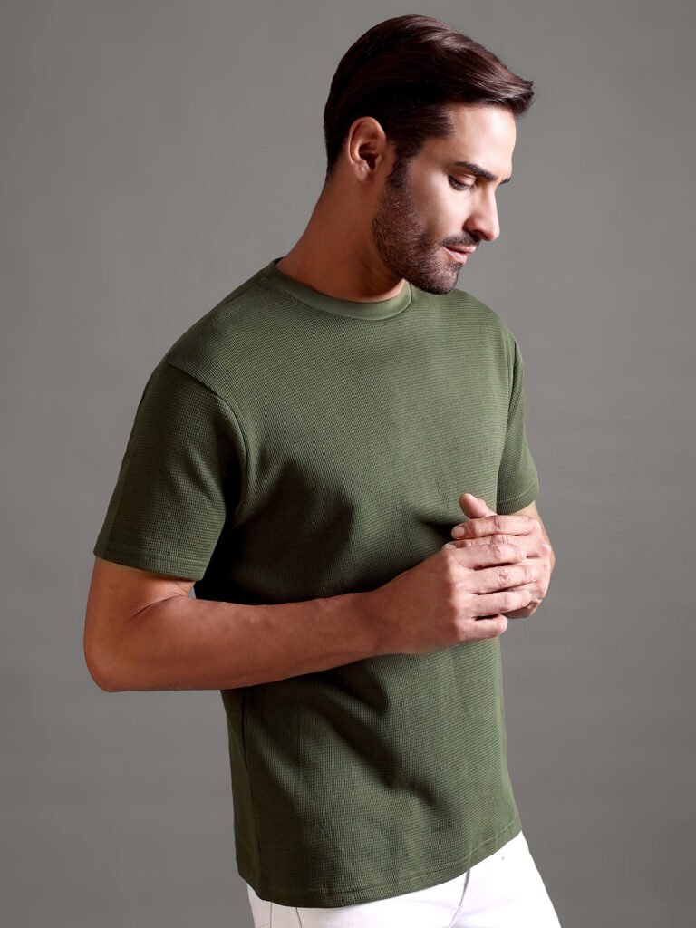 Waffle Textured Crew Neck - Olive Green