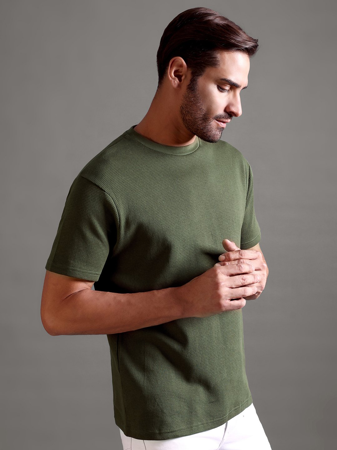 Waffle Textured Crew Neck - Olive Green - Image 3