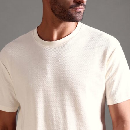 Eyelet Waffle Textured Crew Neck - Off White - Image 3