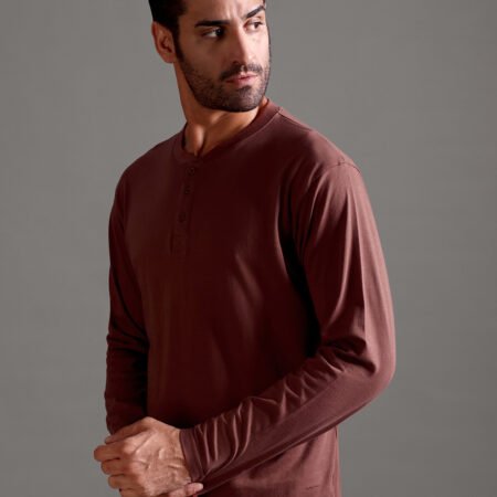 100% Pure Supima Cotton Henley Full Sleeve - Rust (Deep Maroon) - Image 2