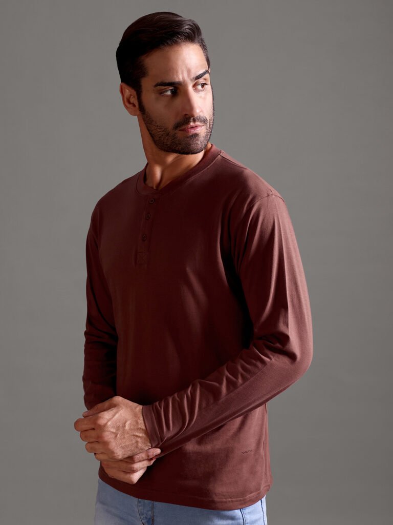 100% Pure Supima Cotton Henley Full Sleeve - Rust (Deep Maroon)