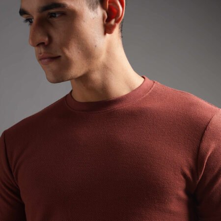 Honeycomb Waffle Textured Crew Neck - Rust (Deep Maroon) - Image 3
