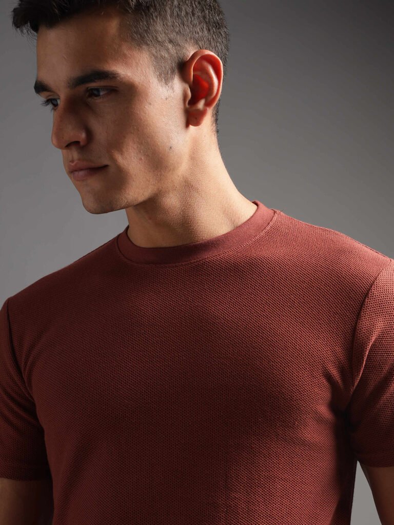 Honeycomb Waffle Textured Crew Neck - Rust (Deep Maroon)