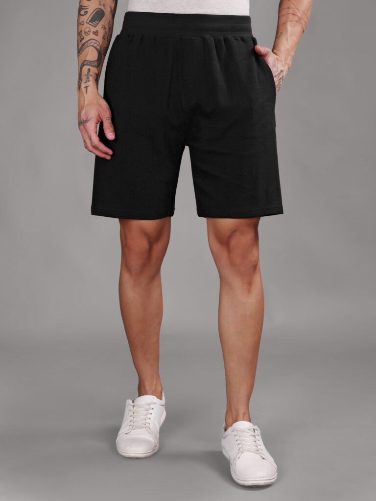 Ribbed Cotton Shorts with Zip Pocket - Black (350 GSM - Heavy)