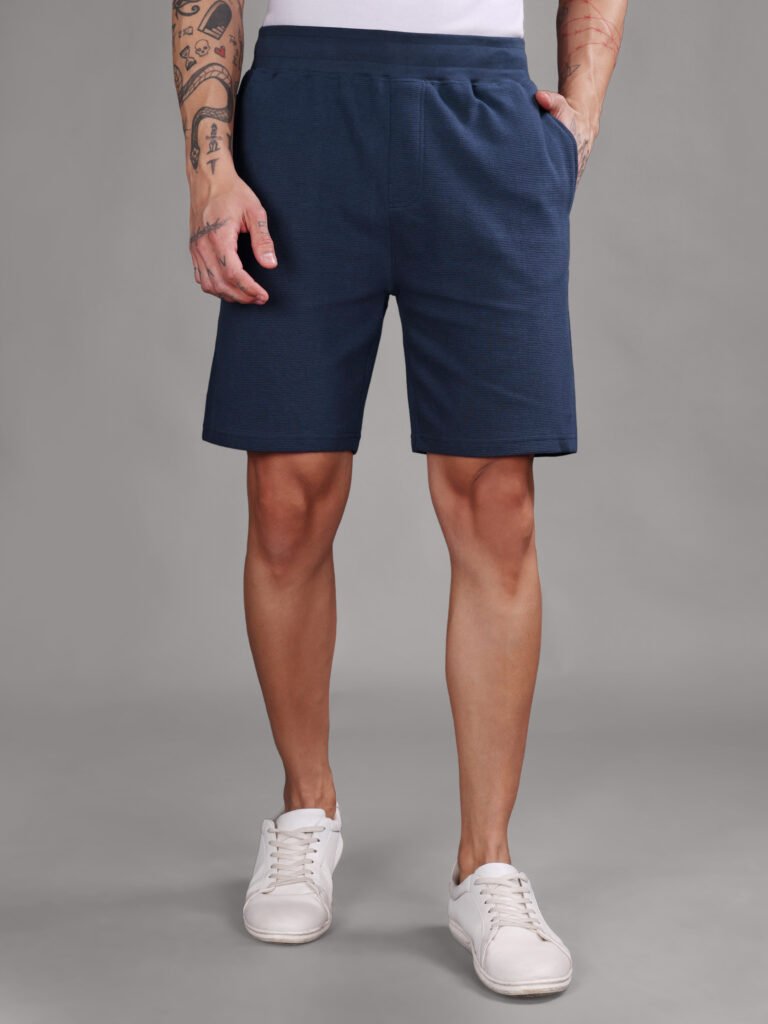 Ribbed Cotton Shorts with Zip Pocket - Navy Blue (350 GSM - Heavy)