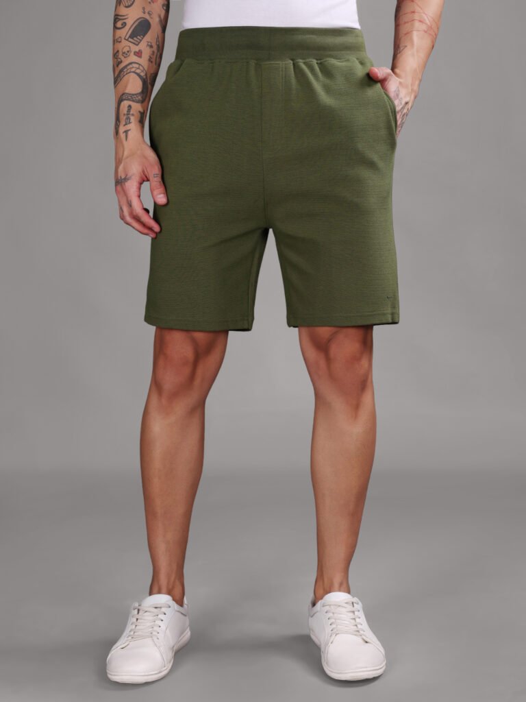 Ribbed Cotton Shorts with Zip Pocket - Olive Green (350 GSM - Heavy)