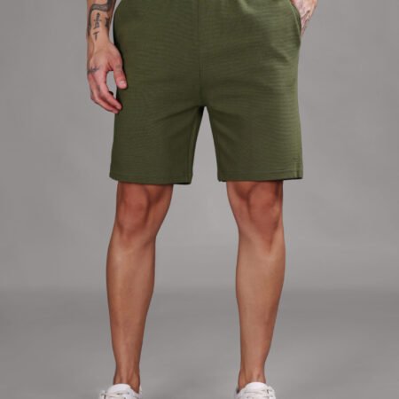 Ribbed Cotton Shorts with Zip Pocket - Olive Green (350 GSM - Heavy) - Image 3