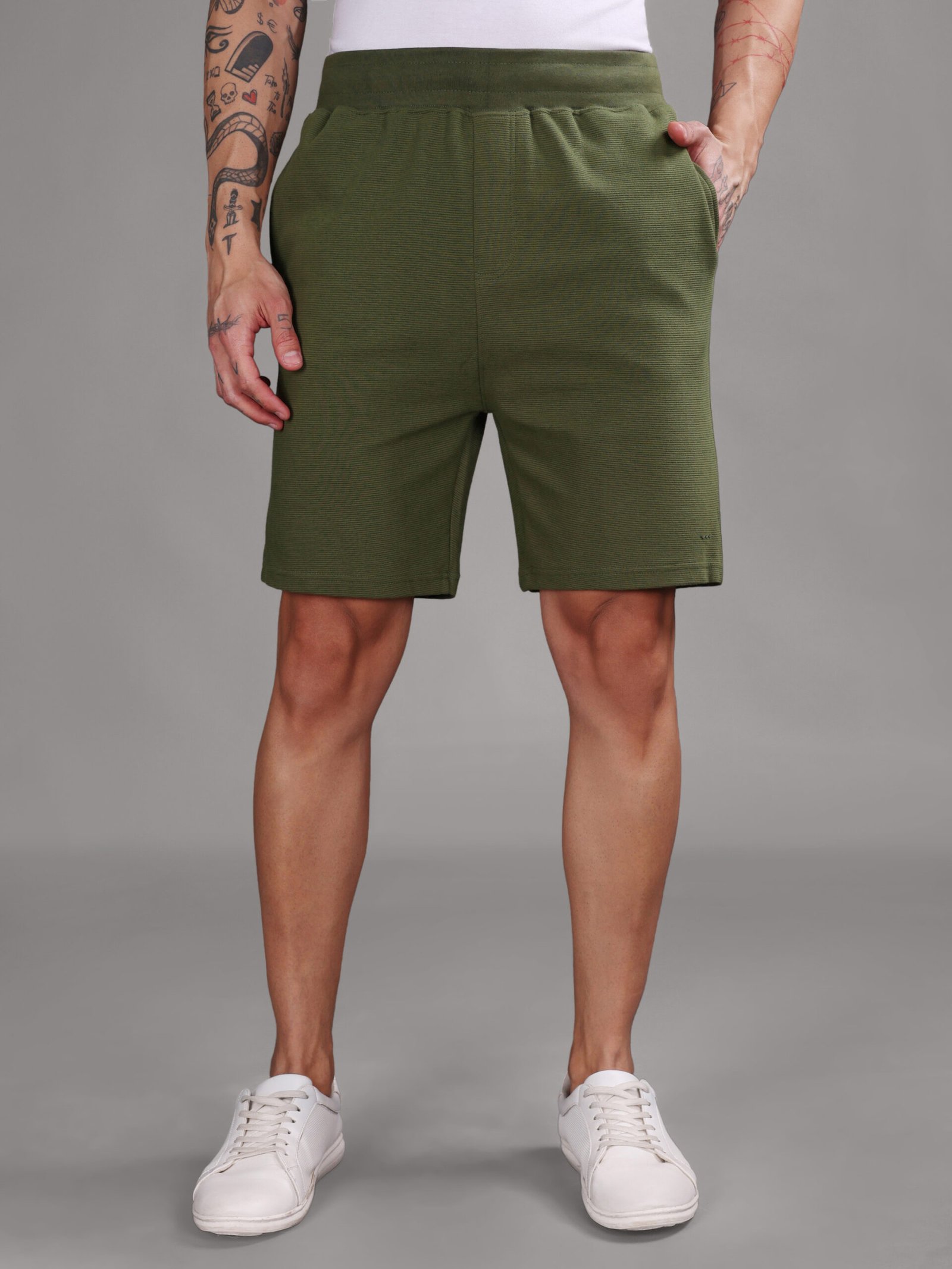Ribbed Cotton Shorts with Zip Pocket - Olive Green (350 GSM - Heavy) - Image 3