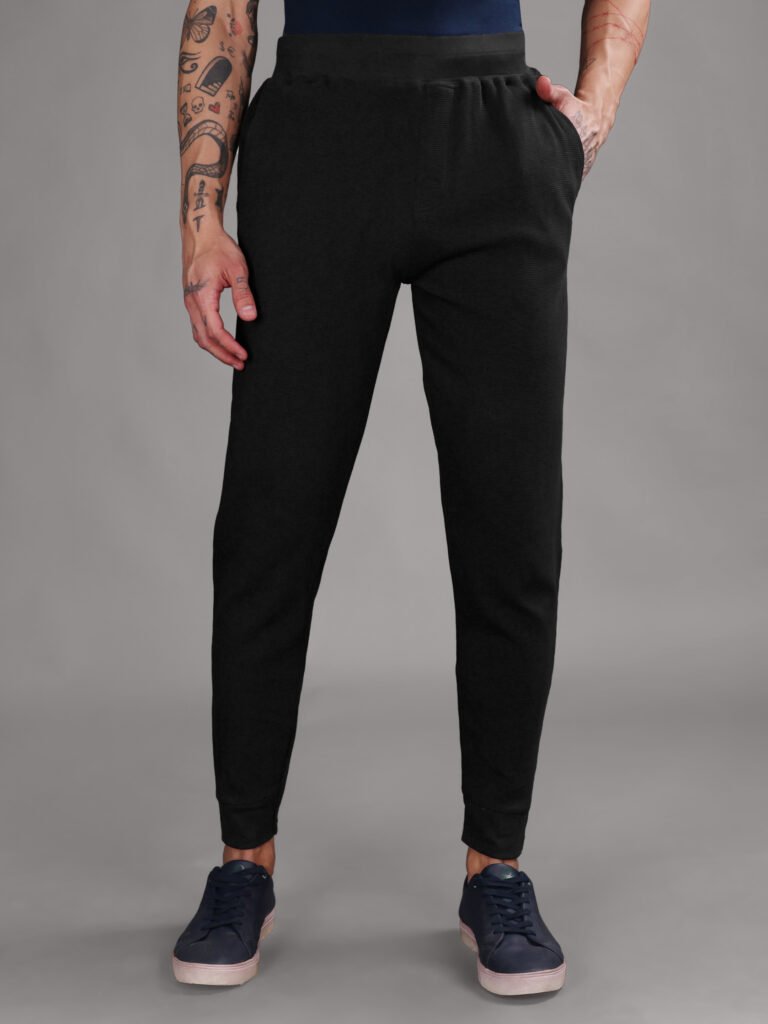 Ribbed Cotton Track Pant with Zip Pocket - Black (350 GSM - Heavy)