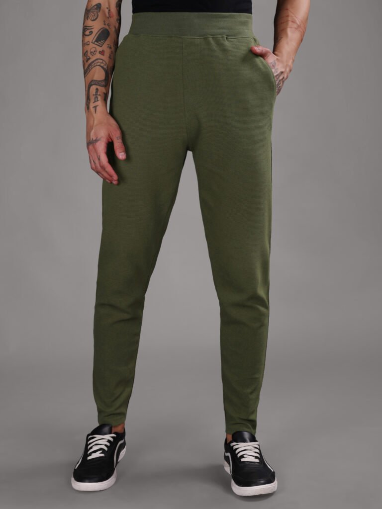 Ribbed Cotton Track Pant with Zip Pocket - Olive Green (350 GSM - Heavy)