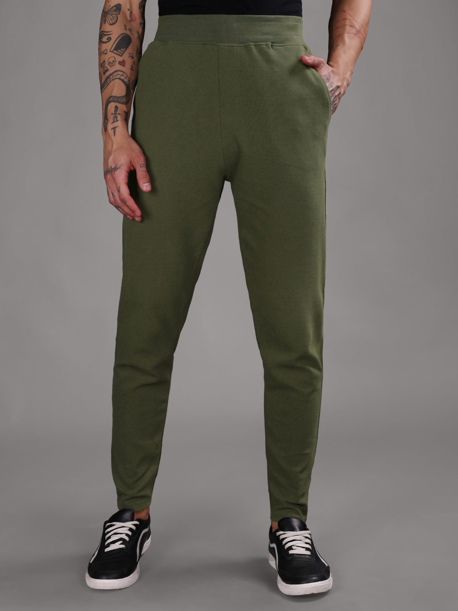 Ribbed Cotton Track Pant with Zip Pocket - Olive Green (350 GSM - Heavy) - Image 2
