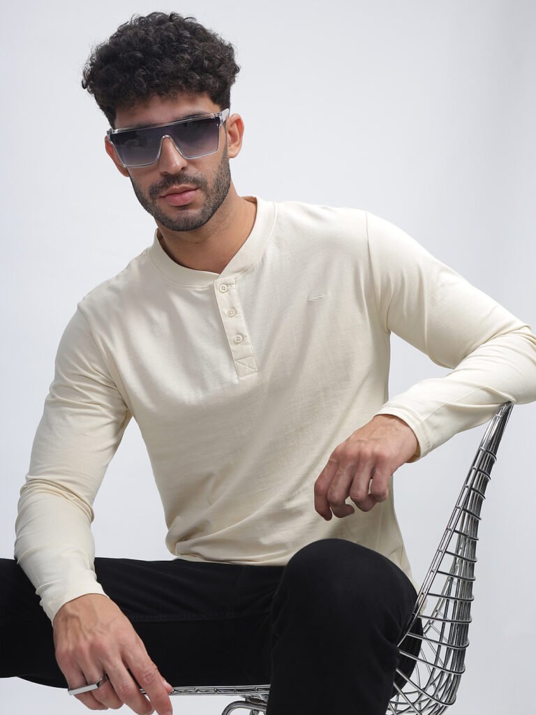 100% Pure Supima Cotton Henley Full Sleeve - Beach (Beige)
