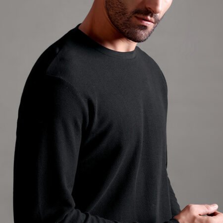 Honeycomb Waffle Textured Crew Neck Full Sleeve - Black - Image 3