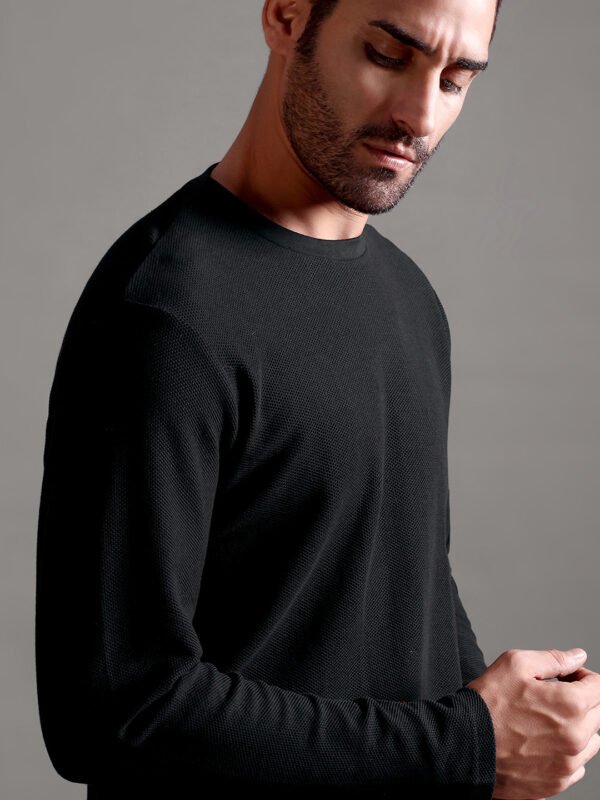 Honeycomb Waffle Textured Crew Neck Full Sleeve - Black
