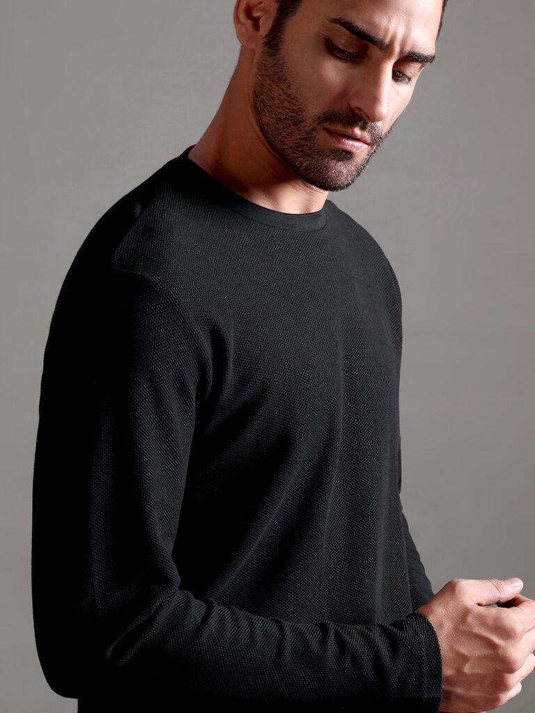 Honeycomb Waffle Textured Crew Neck Full Sleeve - Black