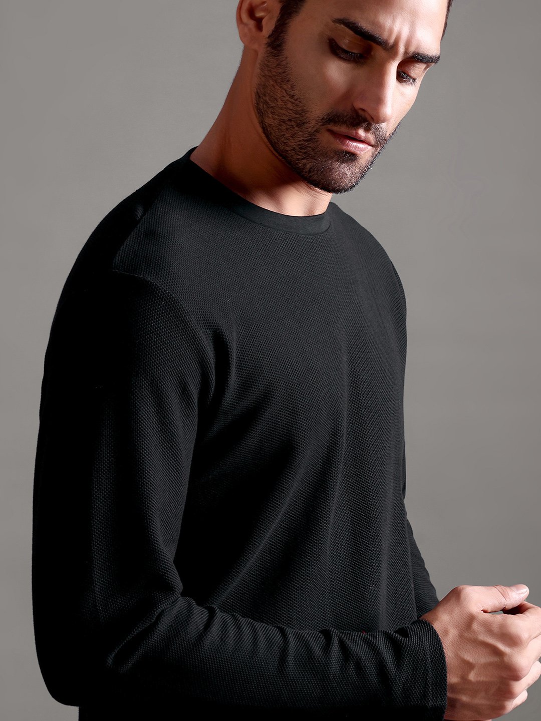 Honeycomb Waffle Textured Crew Neck Full Sleeve - Black - Image 3