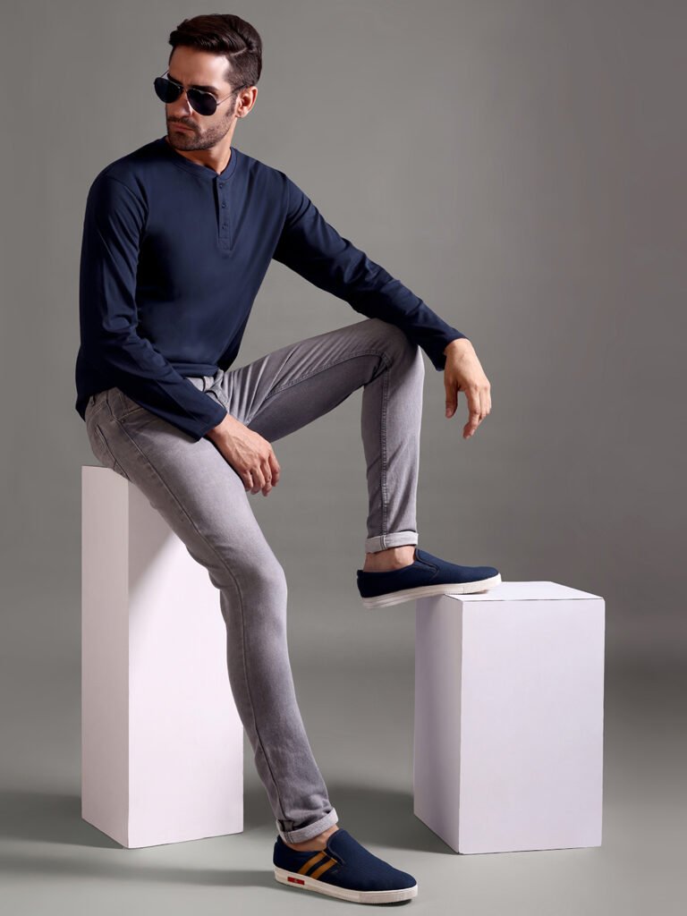 100% Pure Supima Cotton Henley Full Sleeve - Night Fall (Navy)