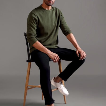 Waffle Textured Crew Neck Full Sleeve - Olive Green - Image 4