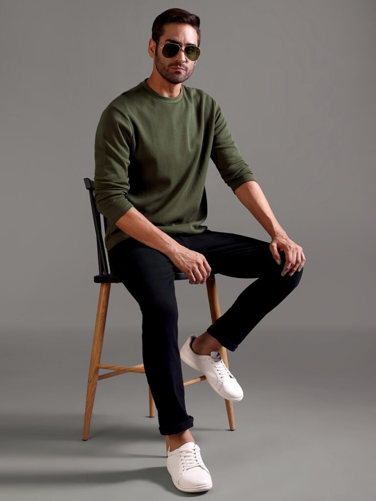 Waffle Textured Crew Neck Full Sleeve - Olive Green