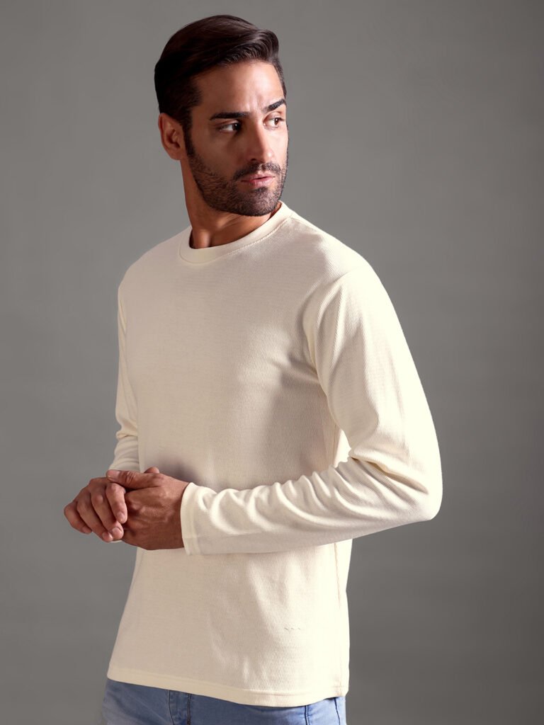 Eyelet Waffle Textured Crew Neck Full Sleeve - Off White