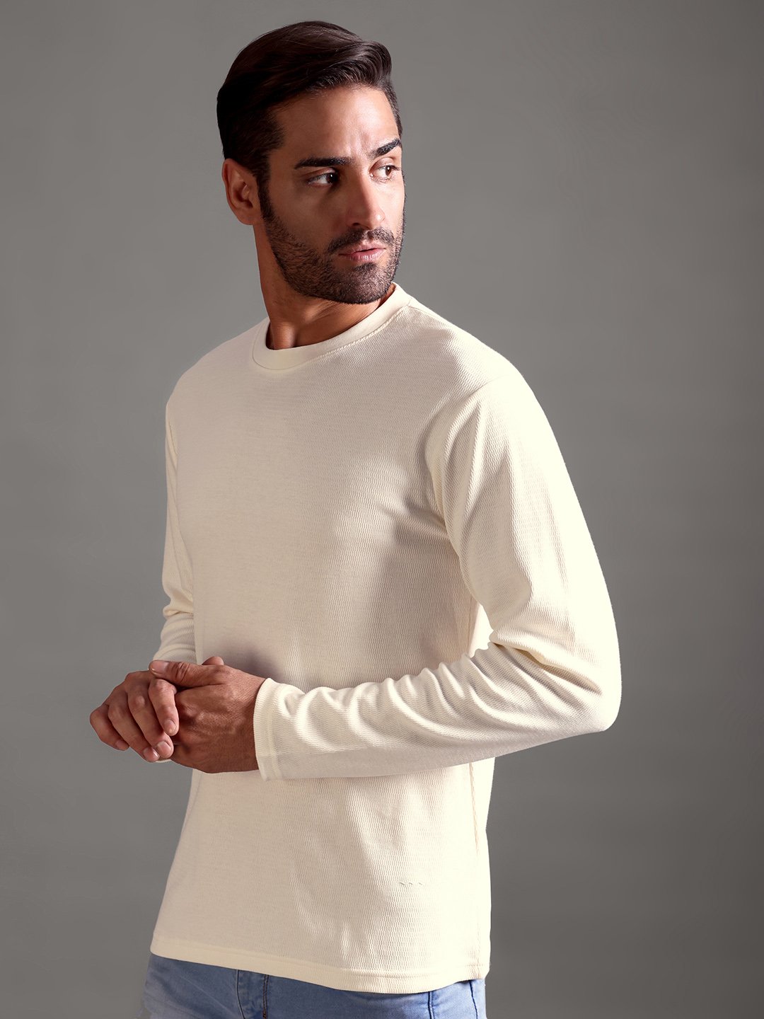Eyelet Waffle Textured Crew Neck Full Sleeve - Off White - Image 4