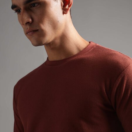 Honeycomb Waffle Textured Crew Neck Full Sleeve - Rust (Deep Maroon) - Image 4