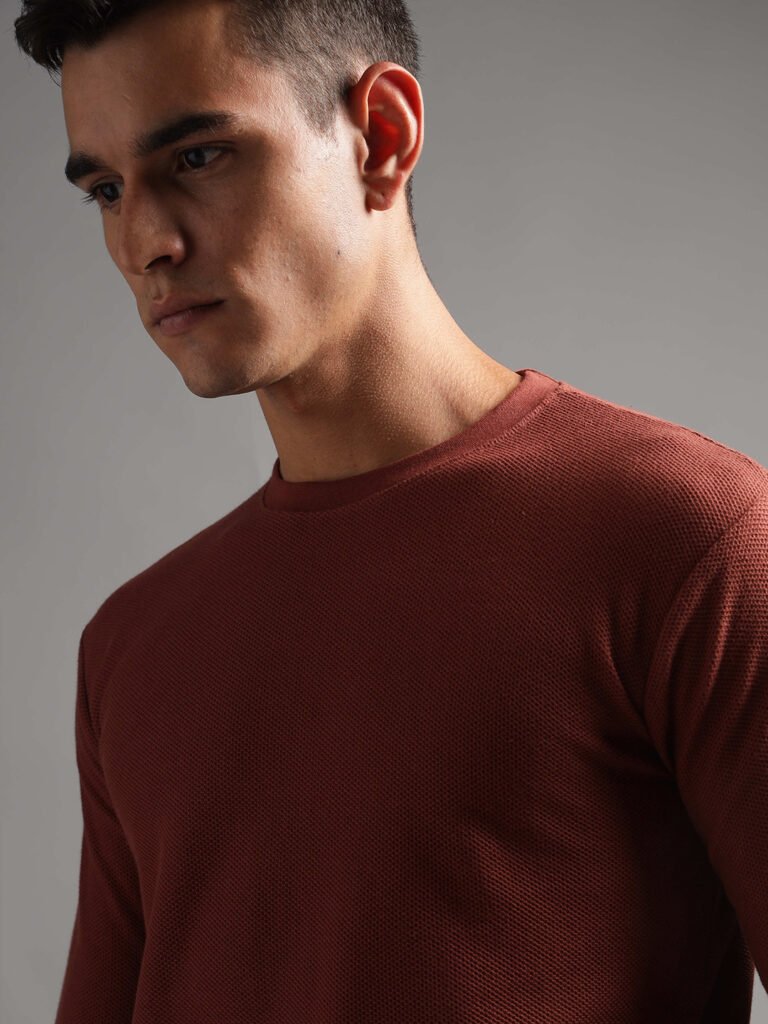 Honeycomb Waffle Textured Crew Neck Full Sleeve - Rust (Deep Maroon)