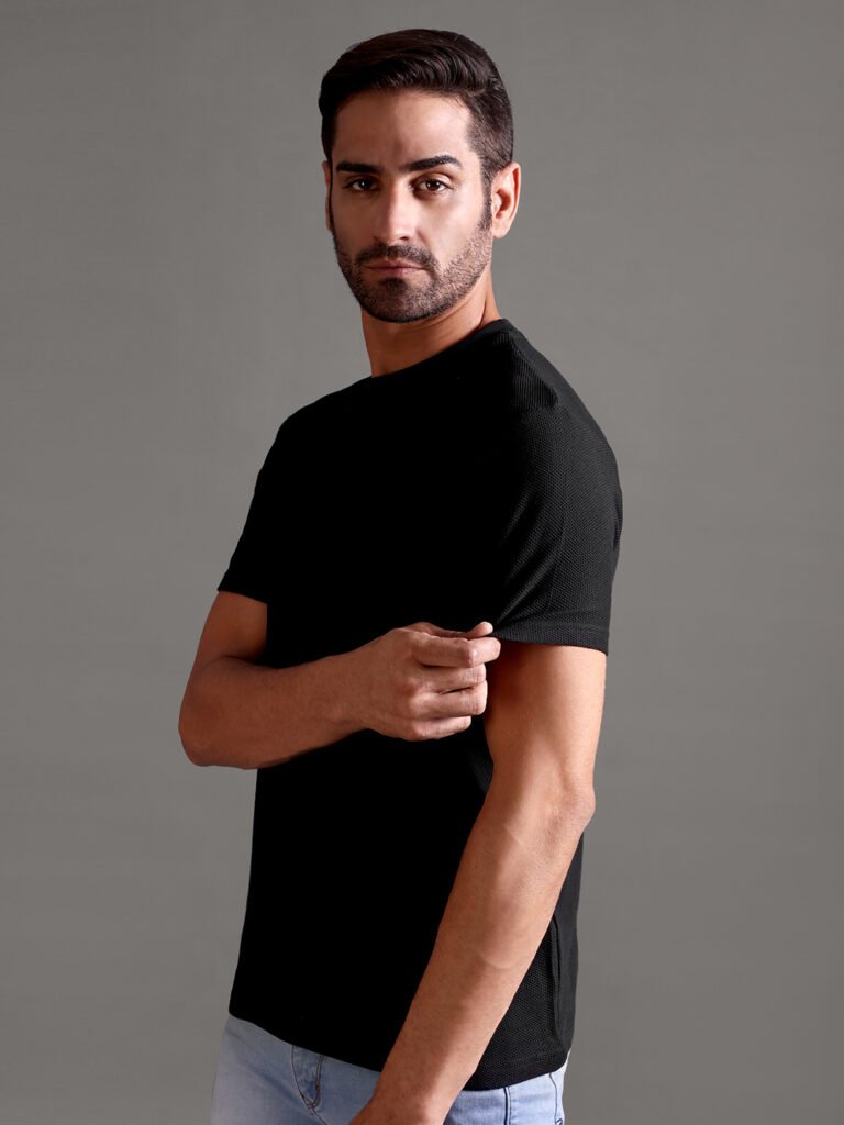 Honeycomb Waffle Textured Crew Neck - Black